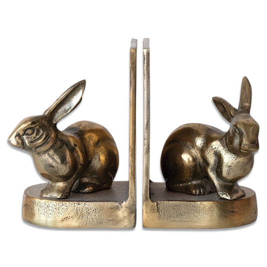 Antique gold aluminum rabbit bookends with two upright book supports