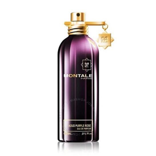 Dark purple eau de parfum spray bottle with gold cap, 3.4 fl oz