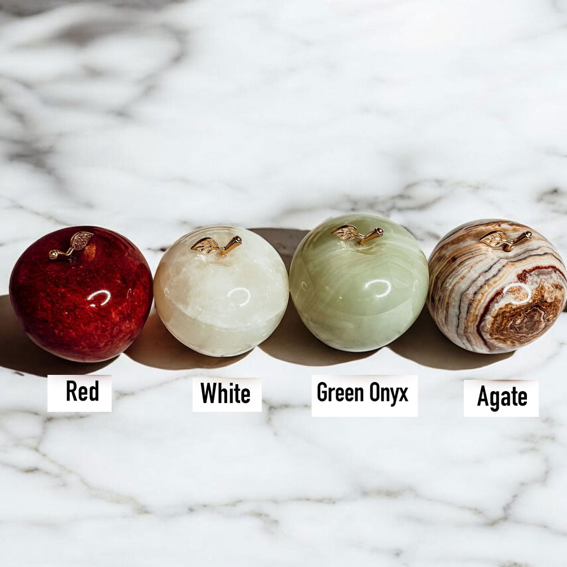 Apple paperweight set: red, white, green onyx, and agate stone hearts with gold-tone tops