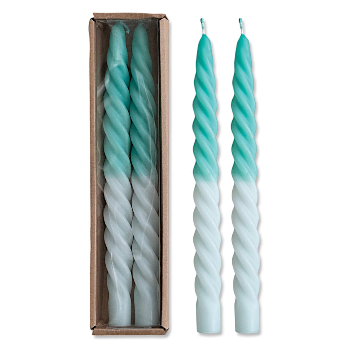 Ombre teal-to-white twisted taper candles, two in a box