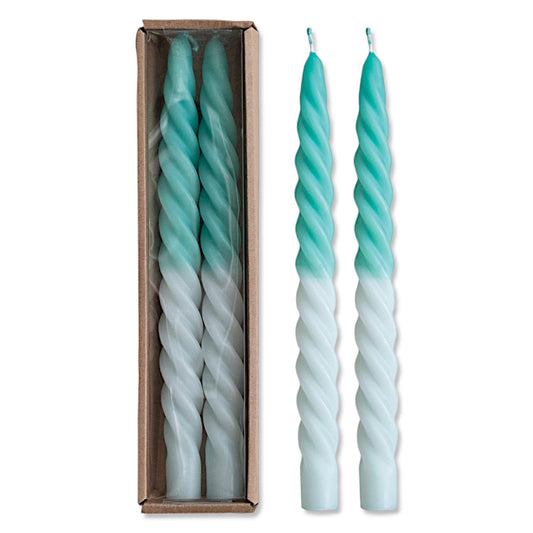 Ombre teal-to-white twisted taper candles, two in a box