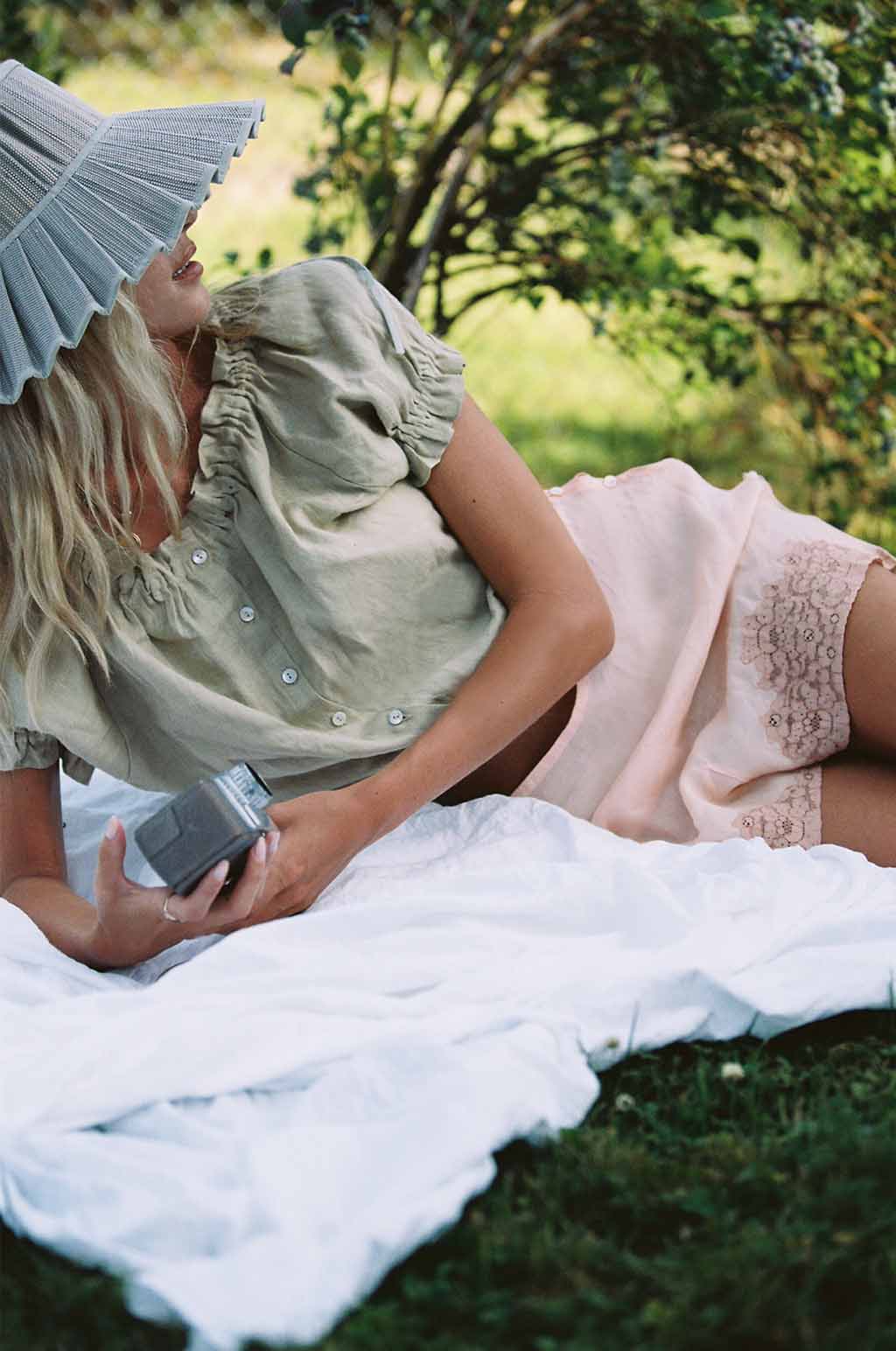 Sage linen ruffle blouse with puff sleeve and gathered neckline