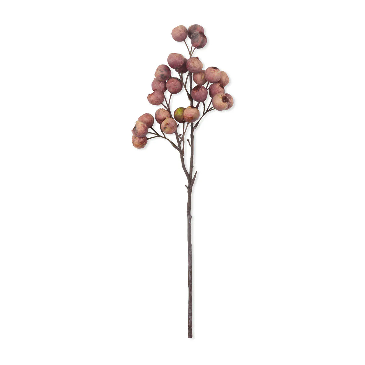 Isolated faux hawthorn berry stem with purple-pink berries on slender twig
