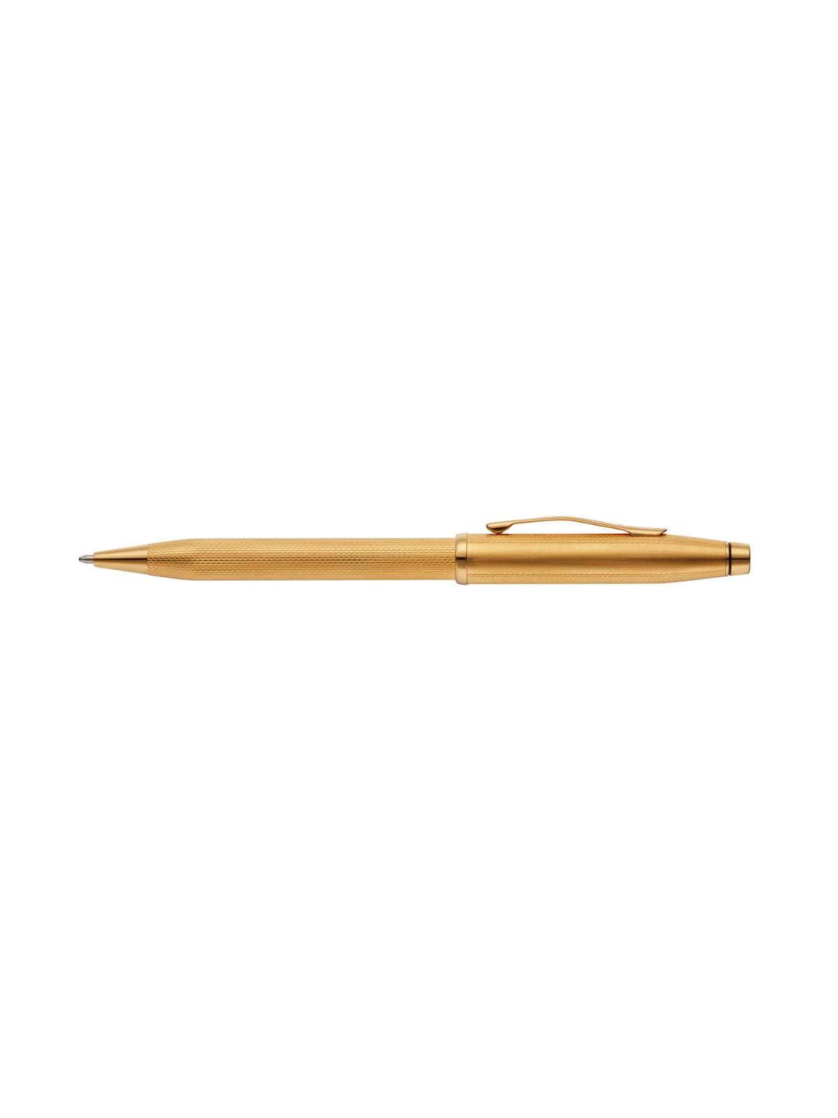 Gold-plated ballpoint pen with engraved barrel and gold clip, side angle view