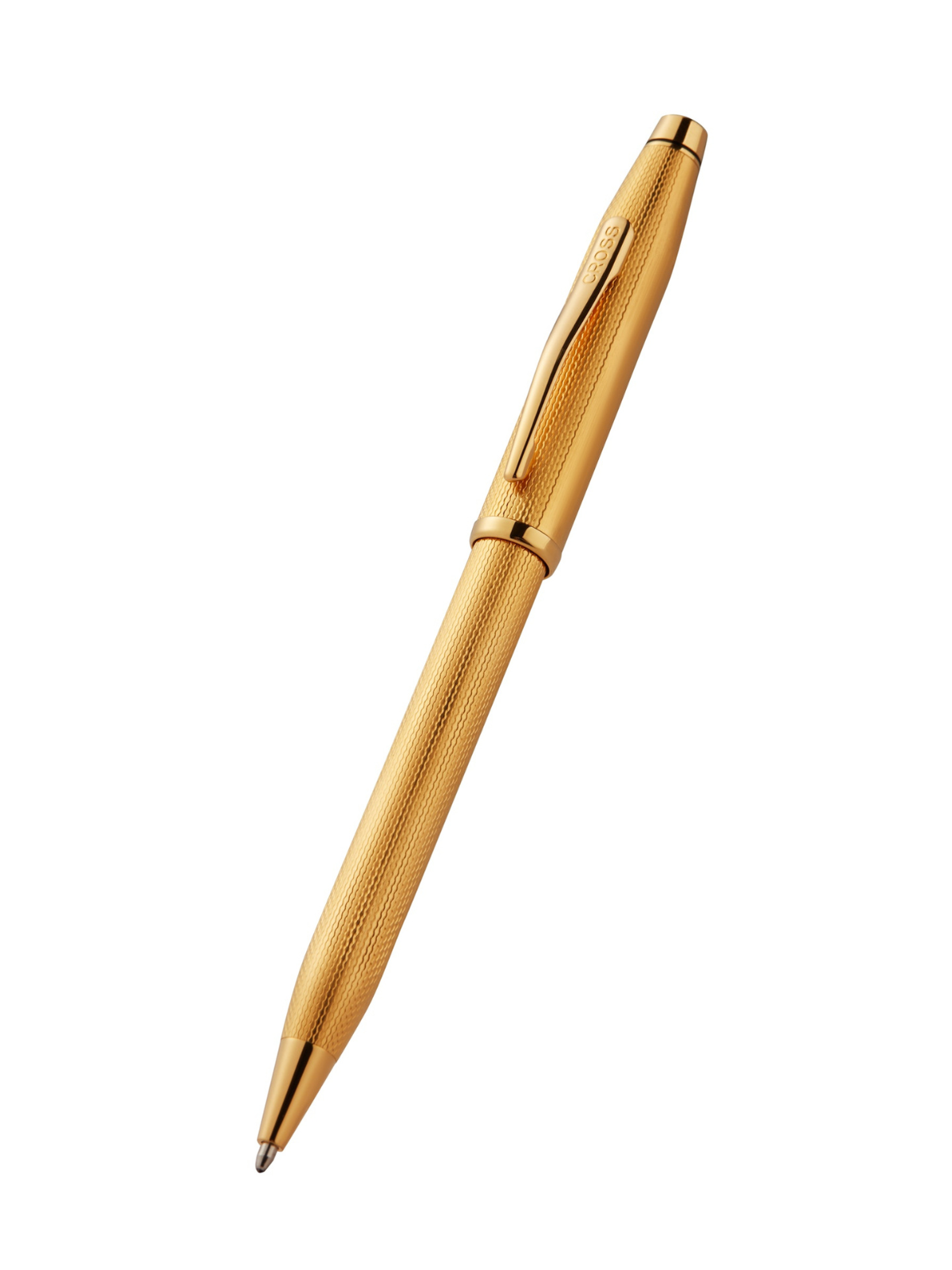 Gold-plated ballpoint pen with engraved diamond pattern and pointed writing tip