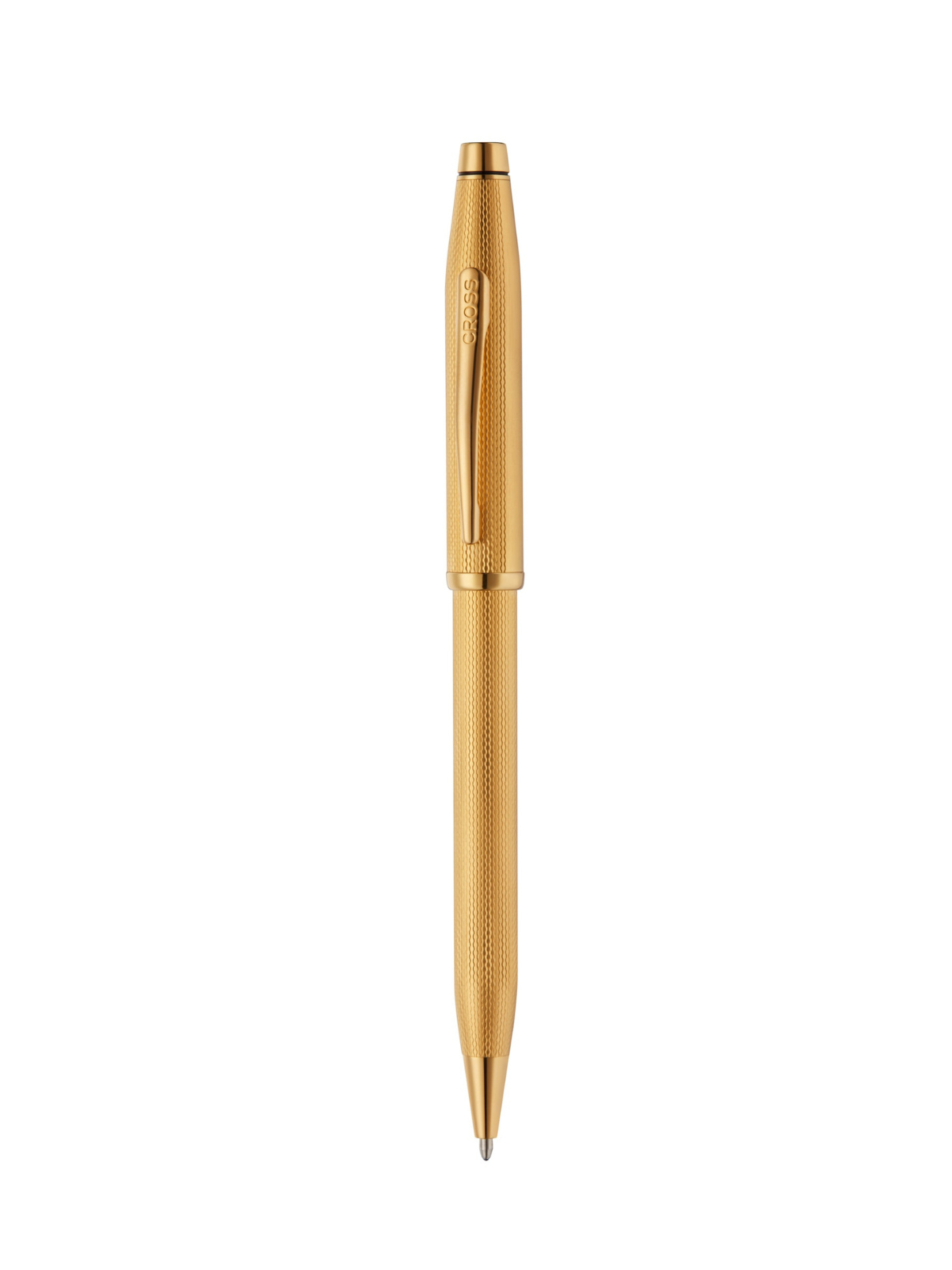 Gold-plated ballpoint pen with engraved diamond pattern barrel and top clip