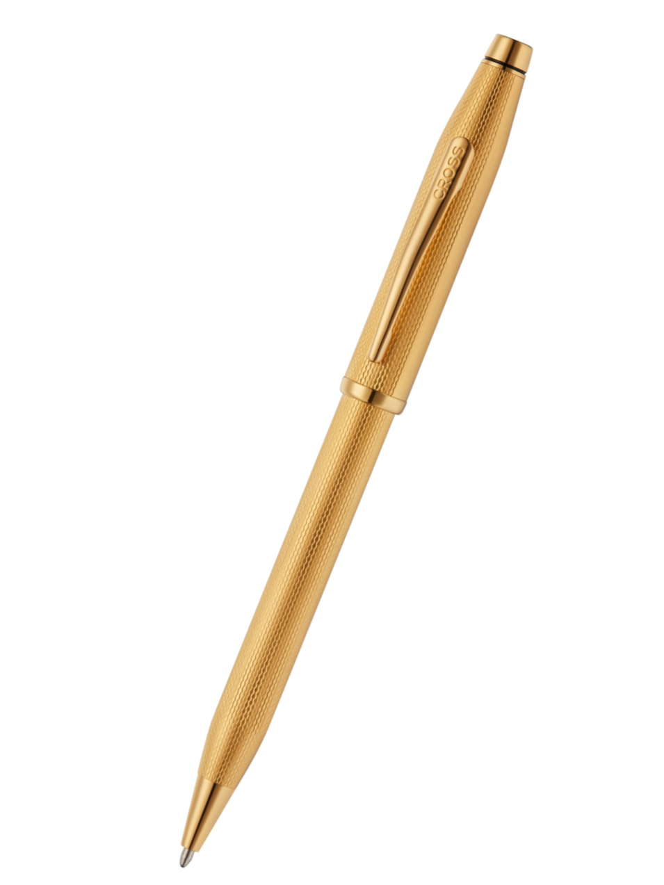 Gold-plated ballpoint pen with engraved diamond pattern barrel and pointed tip