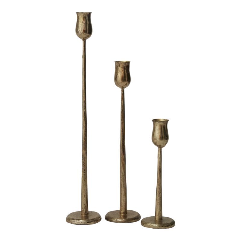 Gold taper candlestick holders, three sizes with round flared top cups