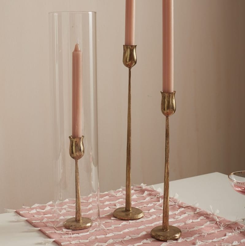 Gold taper candlestick holder, tall slim stand with flared top cup