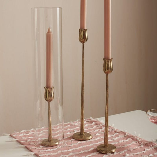 Gold taper candlestick holder, tall slim stand with flared top cup