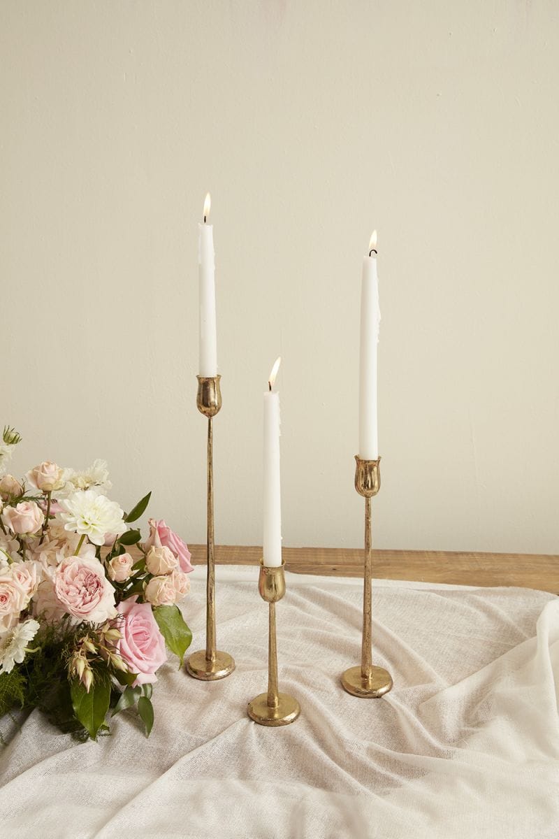 Gold taper candlestick holder set, three slim stands with round top cups