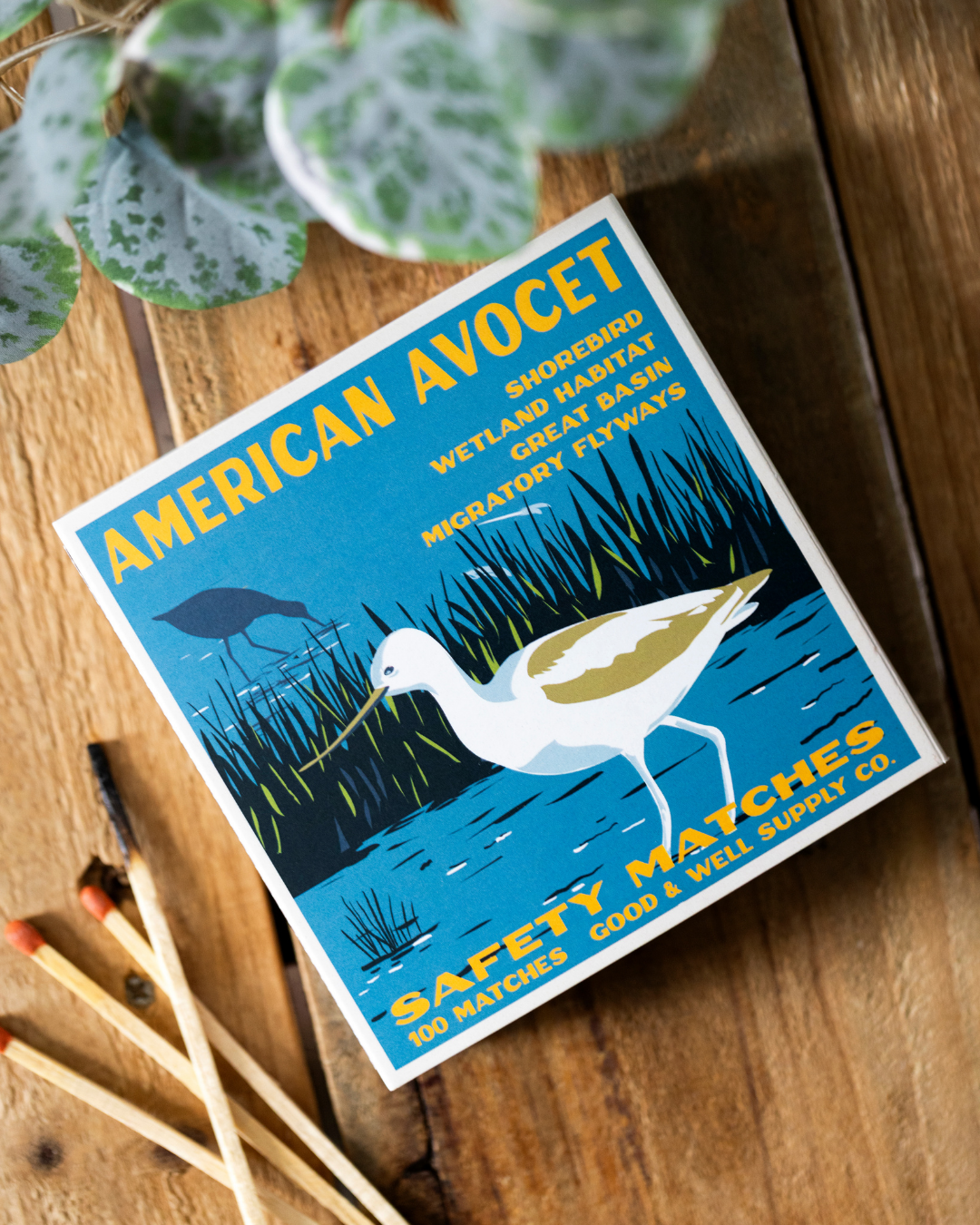 American Avocet safety match box with bird graphic on wooden surface