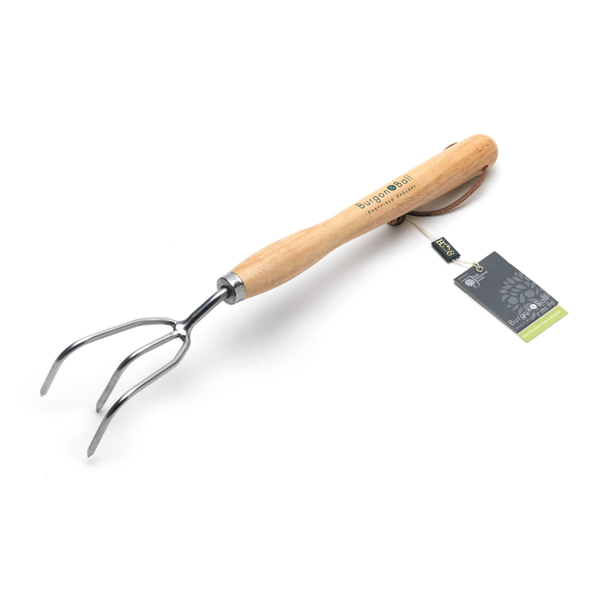 Natural wood mid-handled stainless claw cultivator with three curved tines