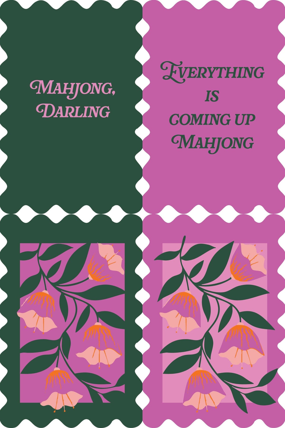 Pink floral Mahjong shuffler cards, set of 2; botanical backs with purple text.