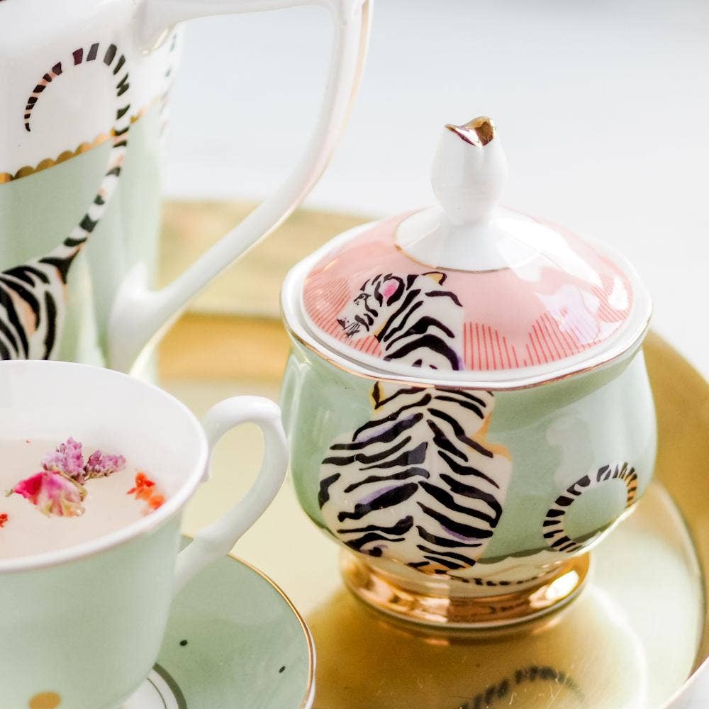 Tiger-print lidded sugar bowl in mint and pink with gold base trim