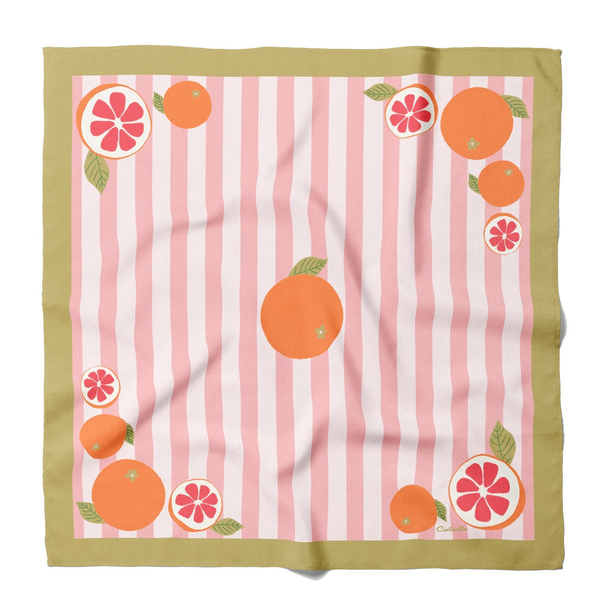 Cotton-silk bandana, green border, pink stripes, orange pomelo fruit print