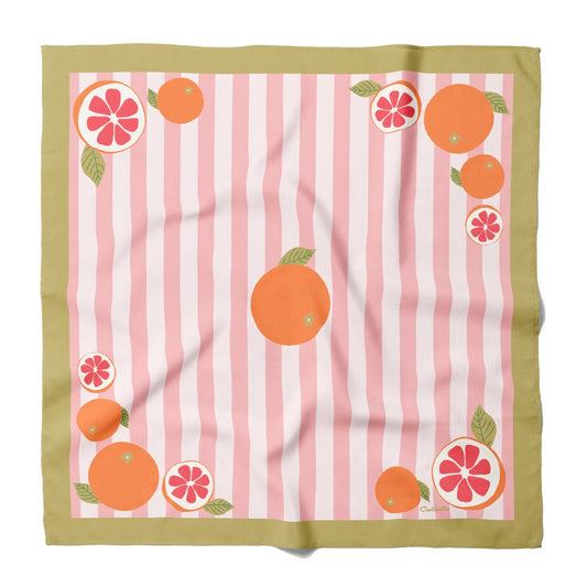 Cotton-silk bandana, green border, pink stripes, orange pomelo fruit print