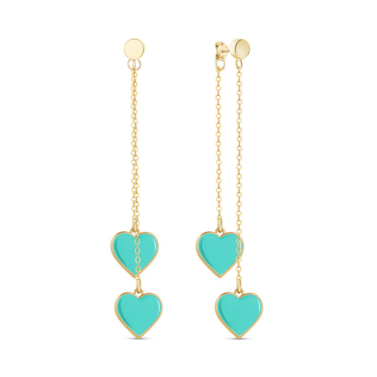 Turquoise double-heart drop charm earrings with gold-tone chain and hook backs