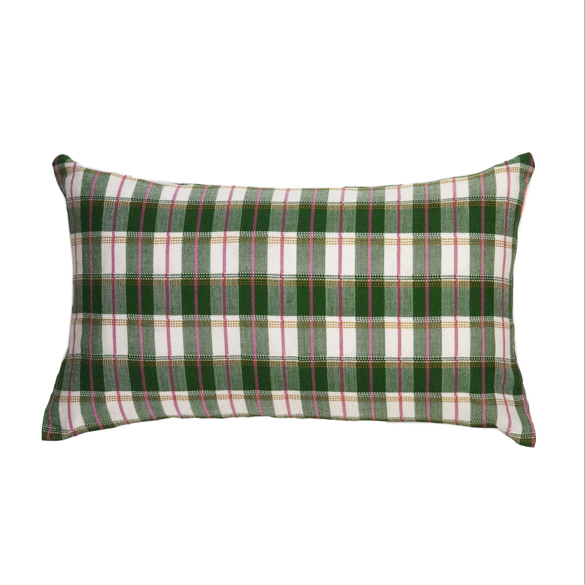 Green gingham lumbar throw pillow with piped border and centered plaid stripe