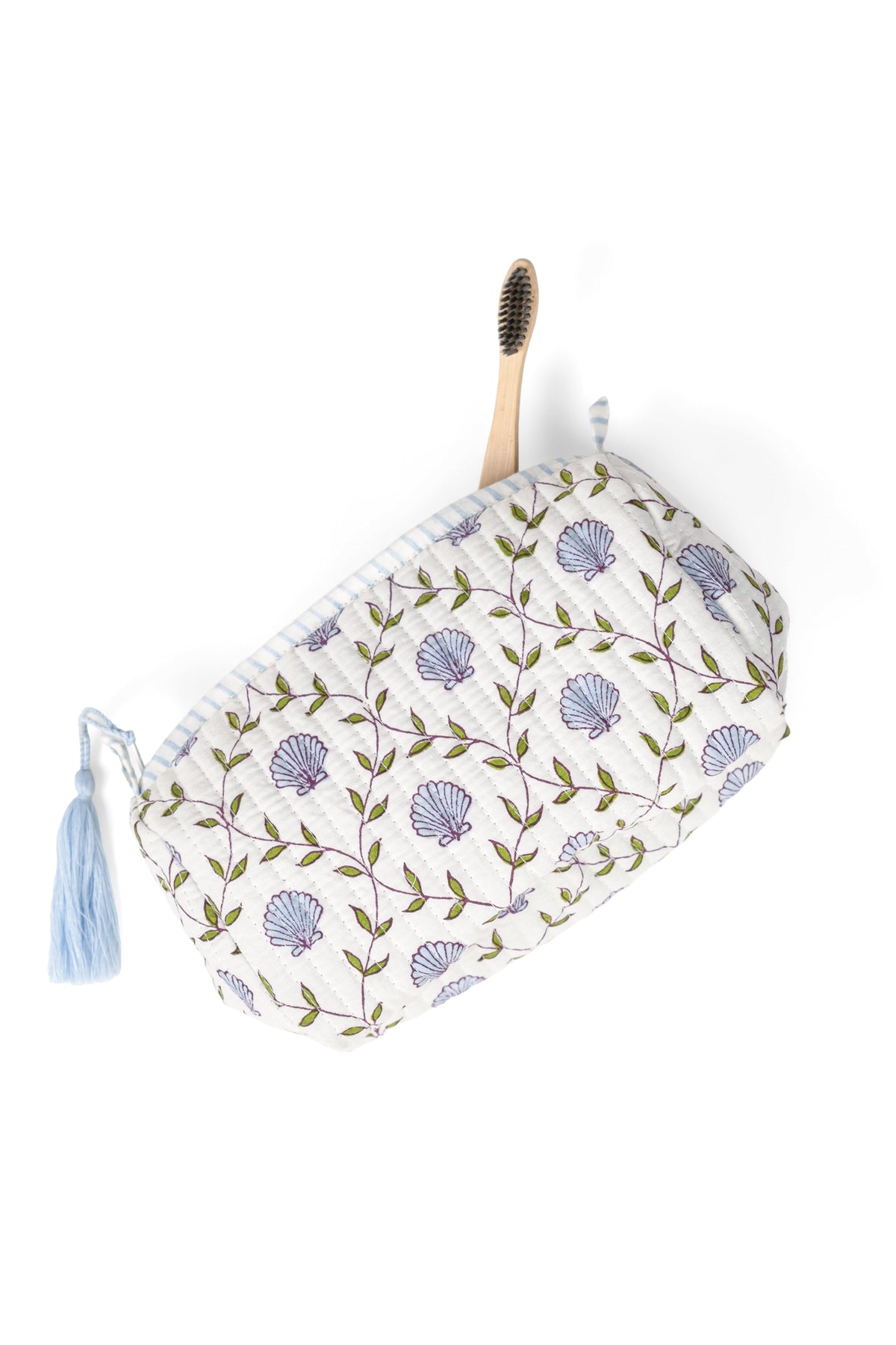 Blockprint makeup pouch, white with purple floral medallions and green stems, tassel