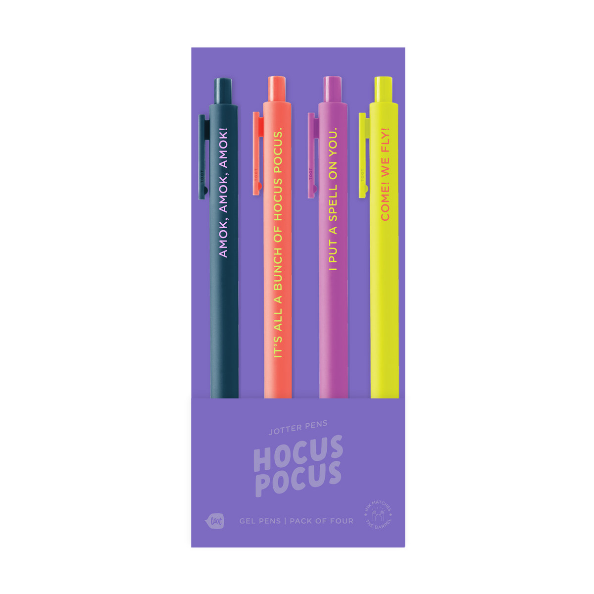 Hocus Pocus four-pack of gel pens in dark teal, coral, purple, and yellow