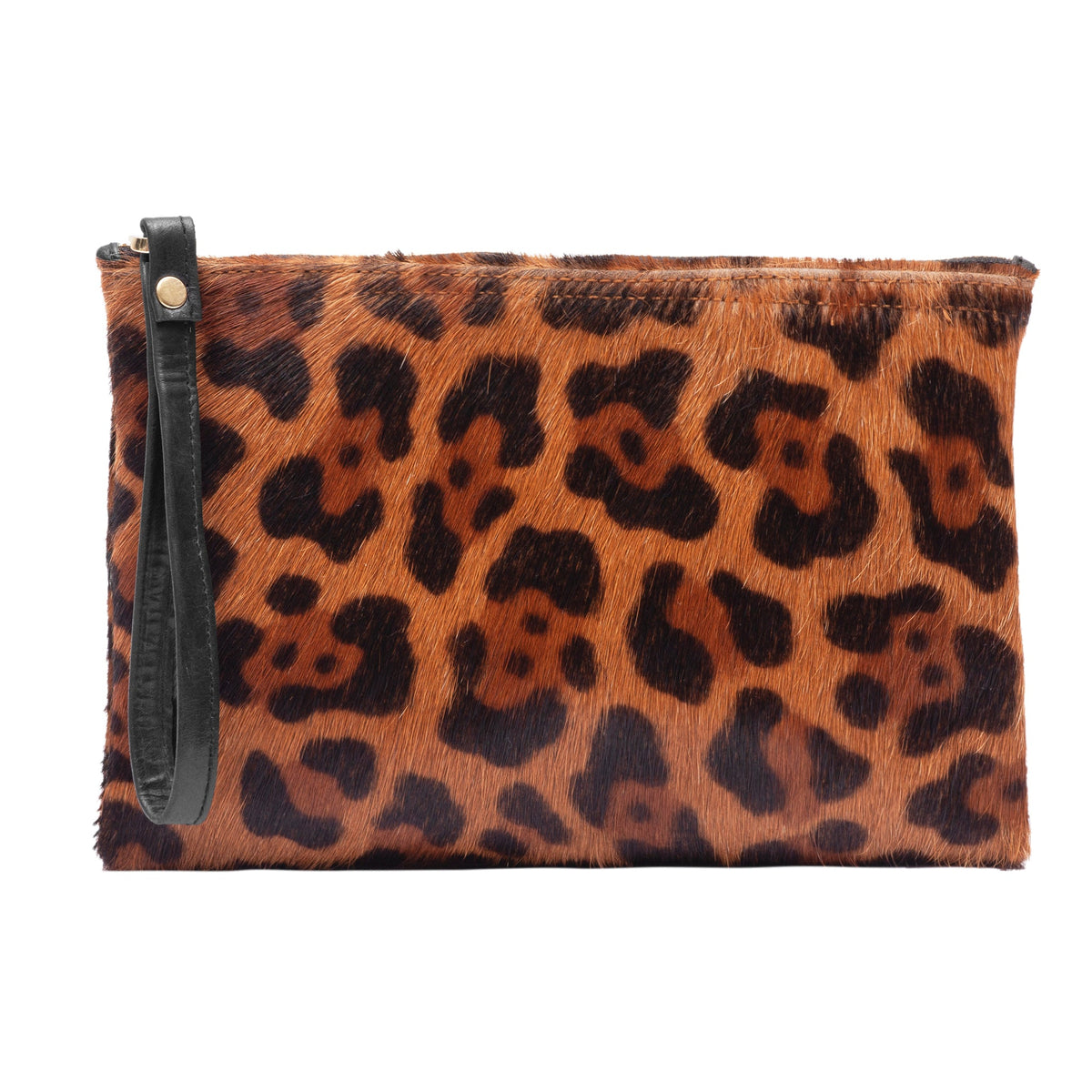 Leopard-print wristlet clutch with black strap and gold zipper closure