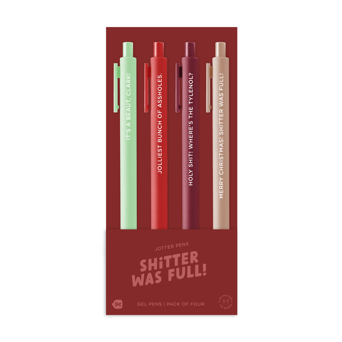 Four-pack of seasonal gel pens in green, red, burgundy, and beige.