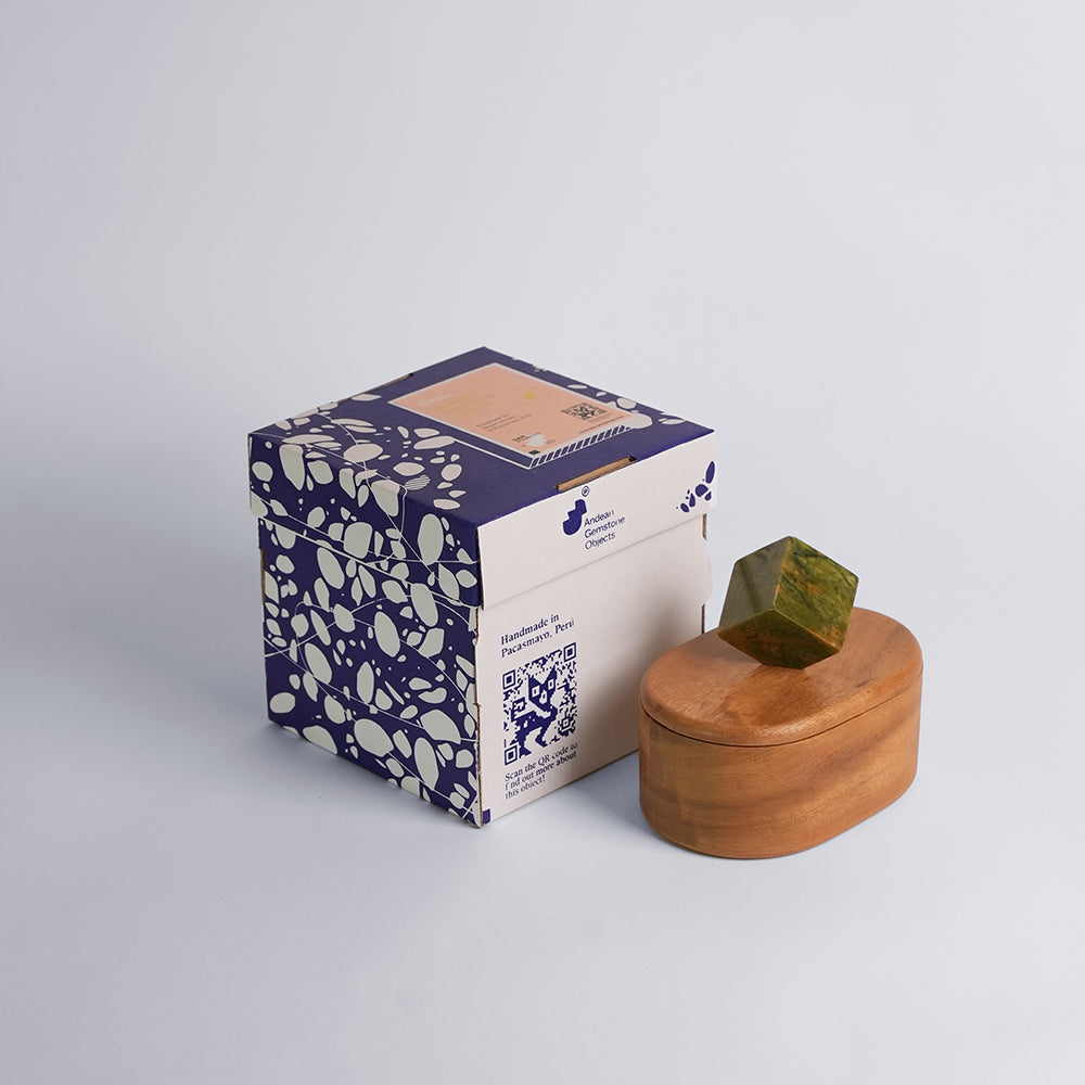 Oval wooden jewel box with green stone knob, shown with retail box
