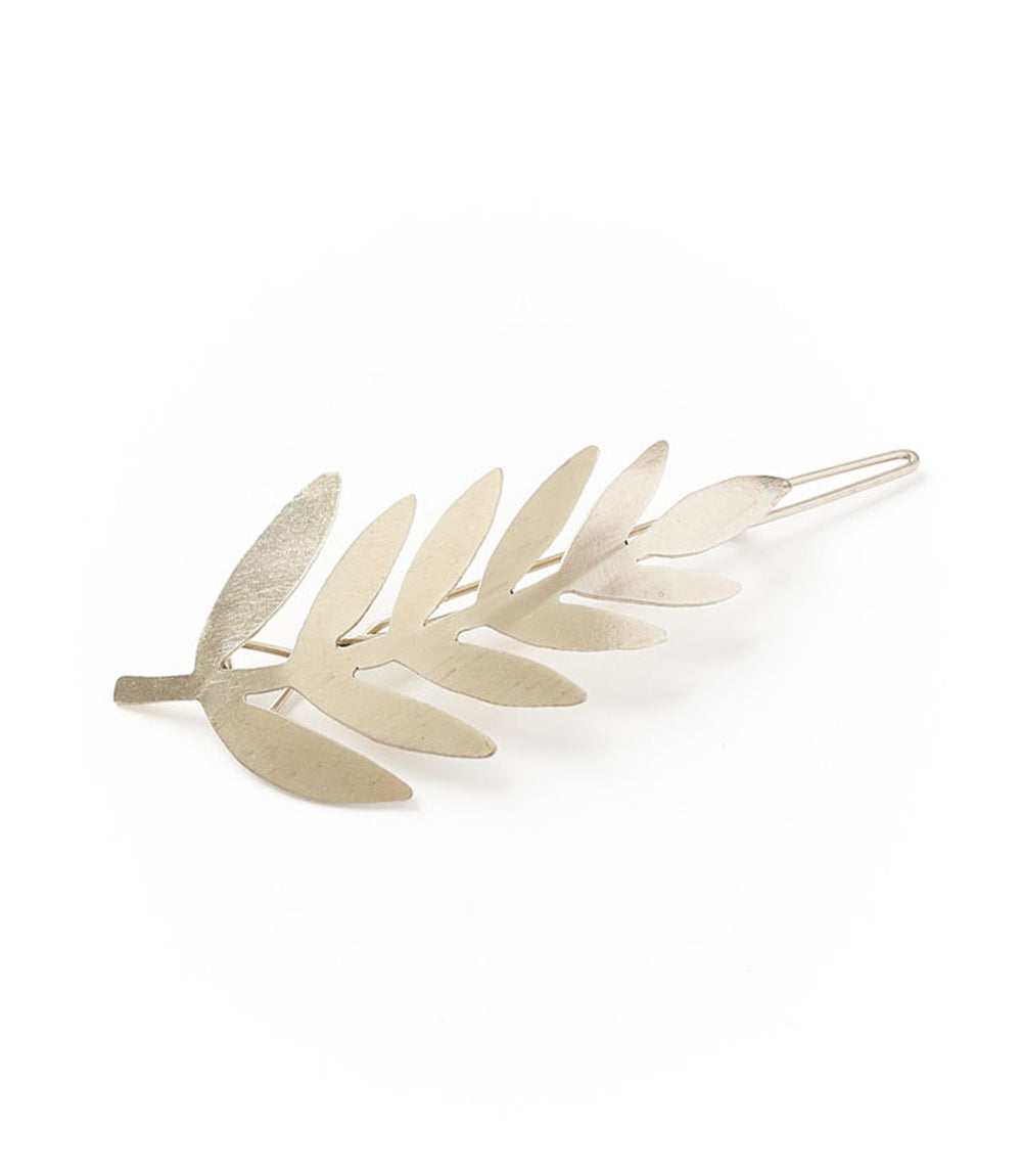 Silver-tone fern leaf hair barrette clip, close side angle on white background