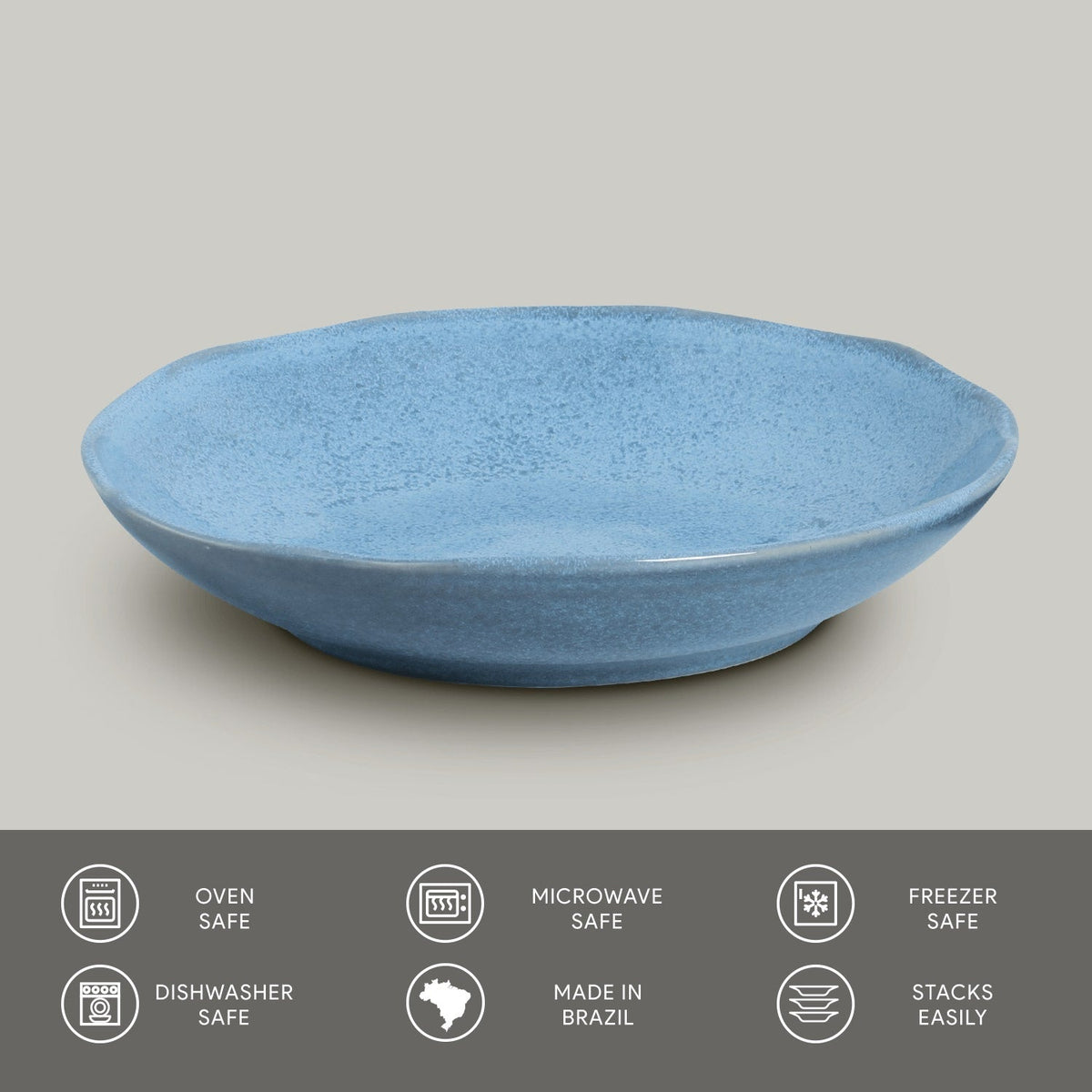 Blue speckled round pasta plate, shallow serving bowl.