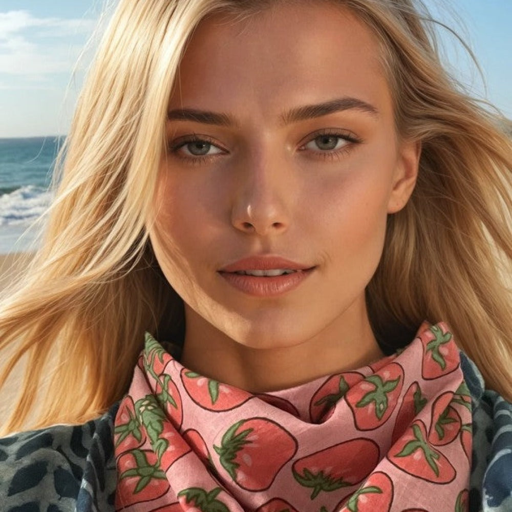 Tomato pink bandana scarf with strawberry print at the neckline, close-up