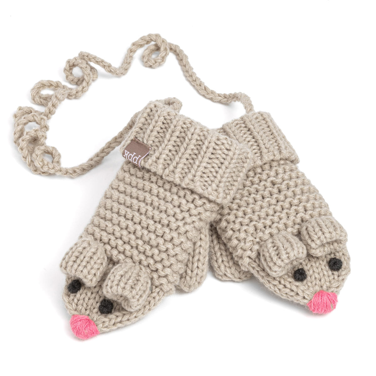 Beige mouse-face knit mittens with pink noses, ribbed cuffs, and a connecting cord