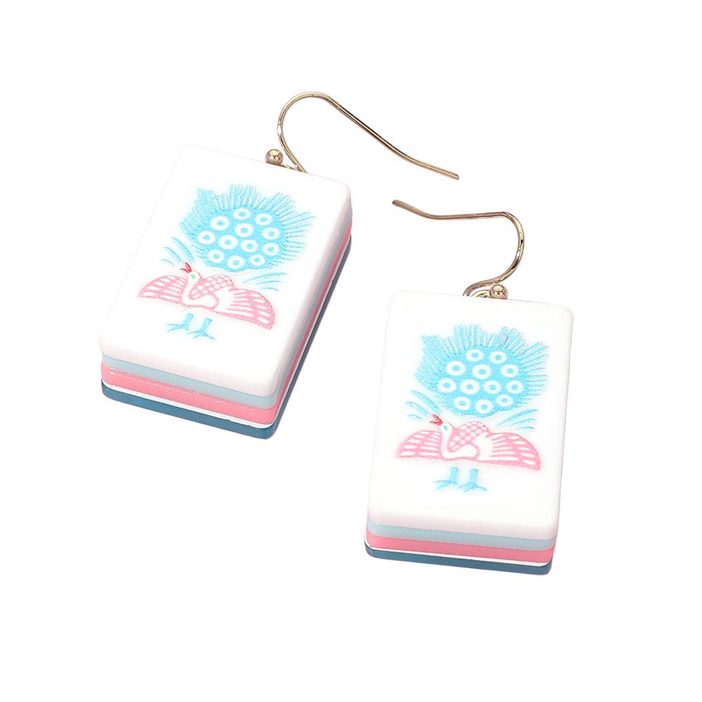 Tile drop earrings with white Mahjong-style tile pendants, blue pattern, gold hooks