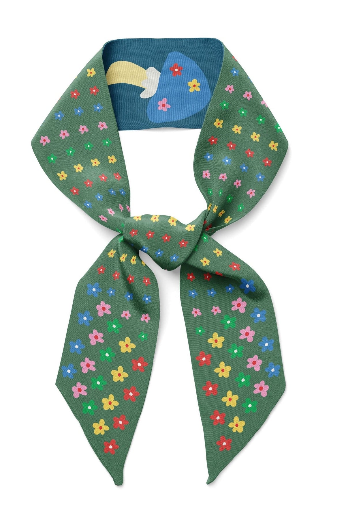 Teal floral mushroom twilly ribbon scarf with multicolor flowers and mushrooms