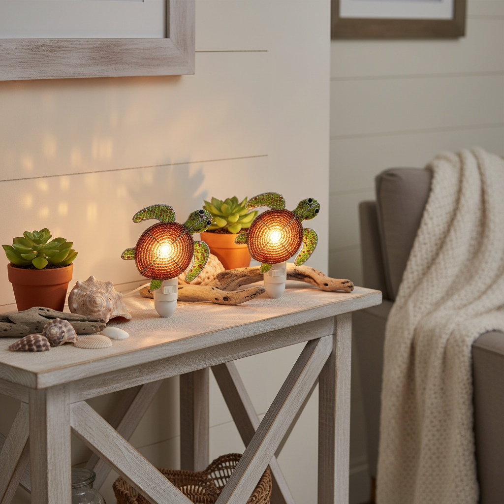 Two glowing sea turtle night lights with orange shells on bedside table