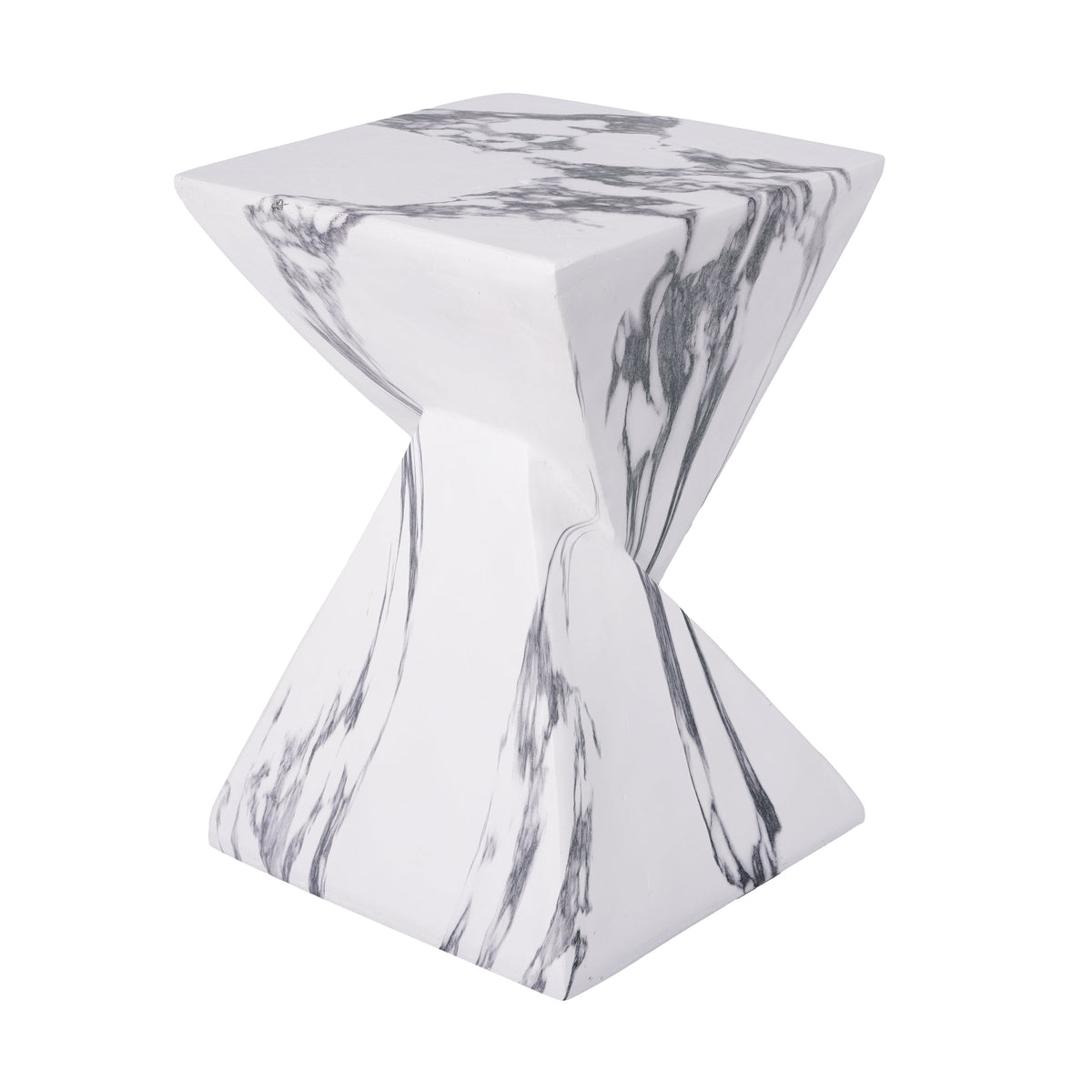 Hourglass concrete side table with gray veining flowing across its top and sides