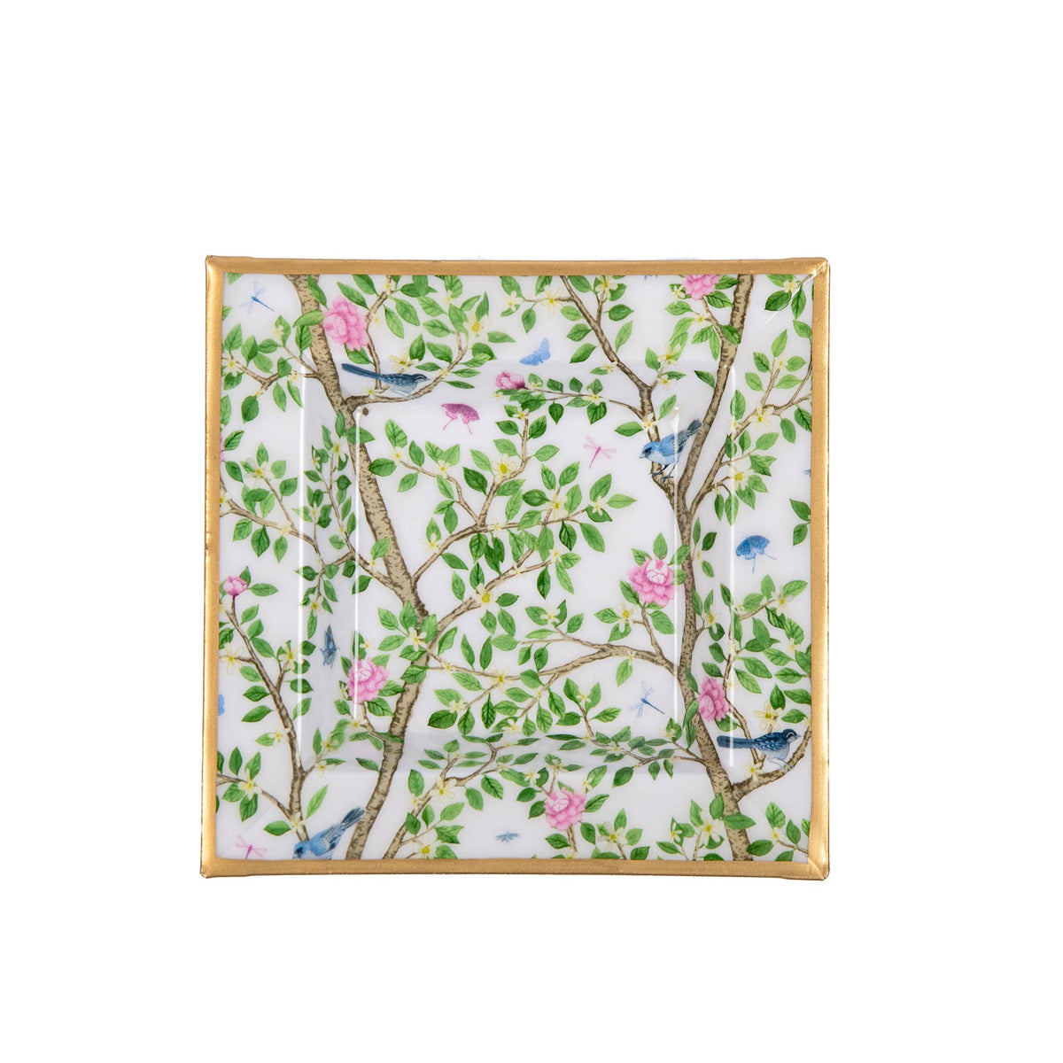 Square enamel trinket tray front view with blue birds, pink flowers, and green foliage