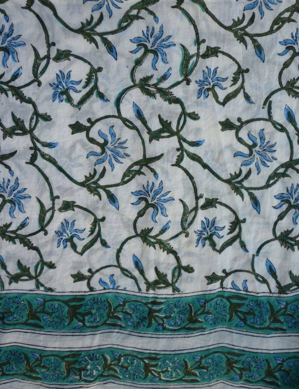 Vintage floral scarf close-up: blue and green floral vines with teal patterned border