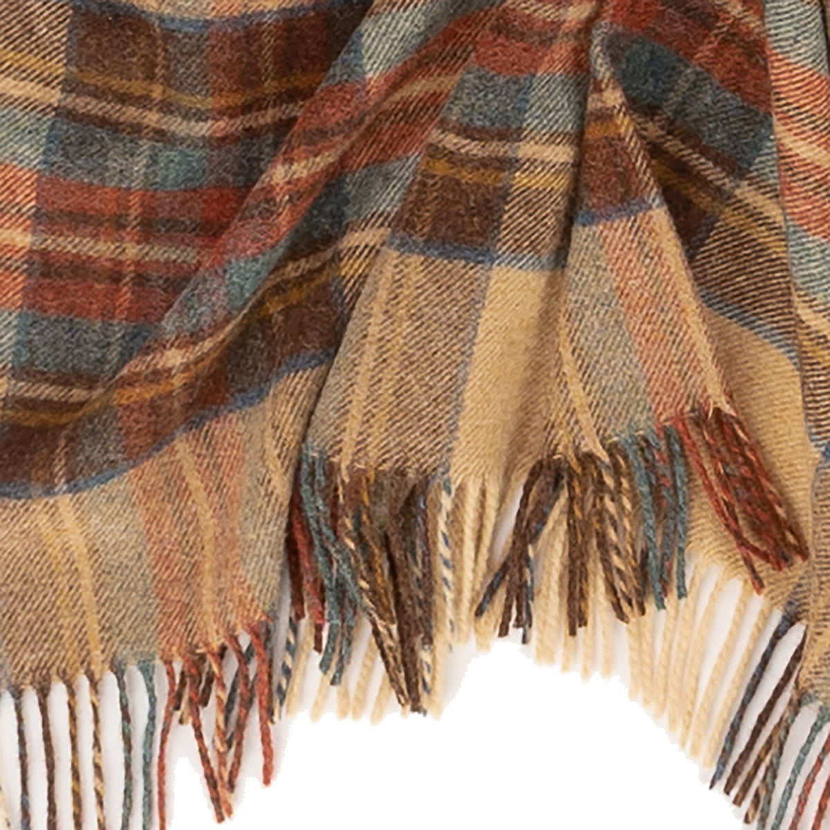 Plaid lambswool throw fabric close-up with multicolor checks and fringed border