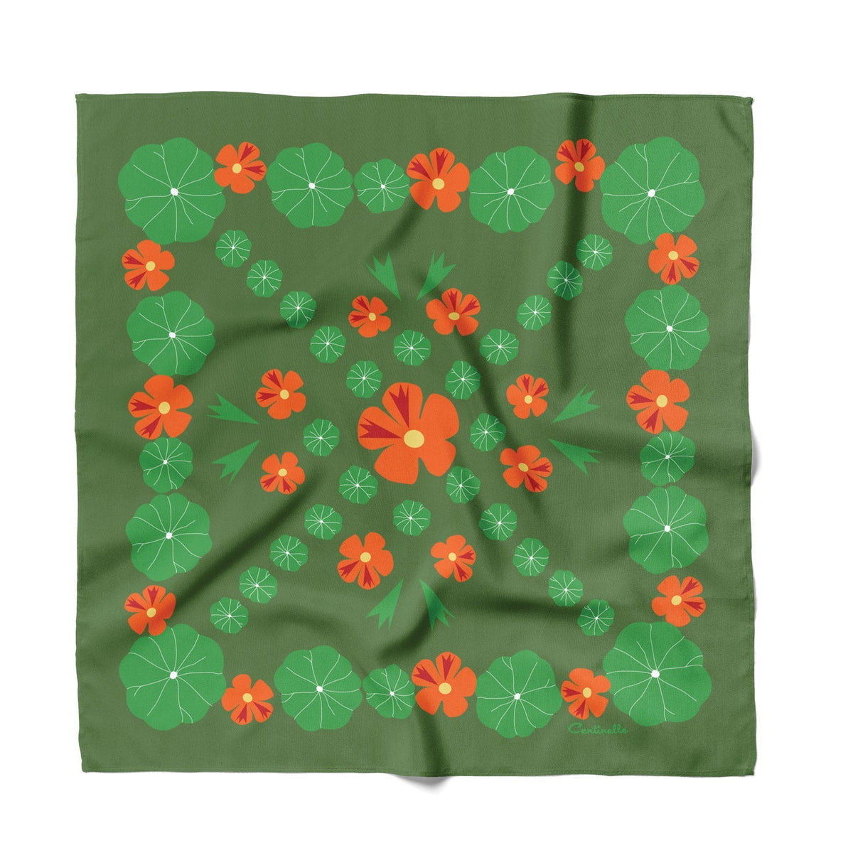 Cotton-silk bandana, green with orange and green nasturtium flower print