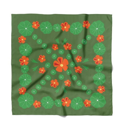 Cotton-silk bandana, green with orange and green nasturtium flower print