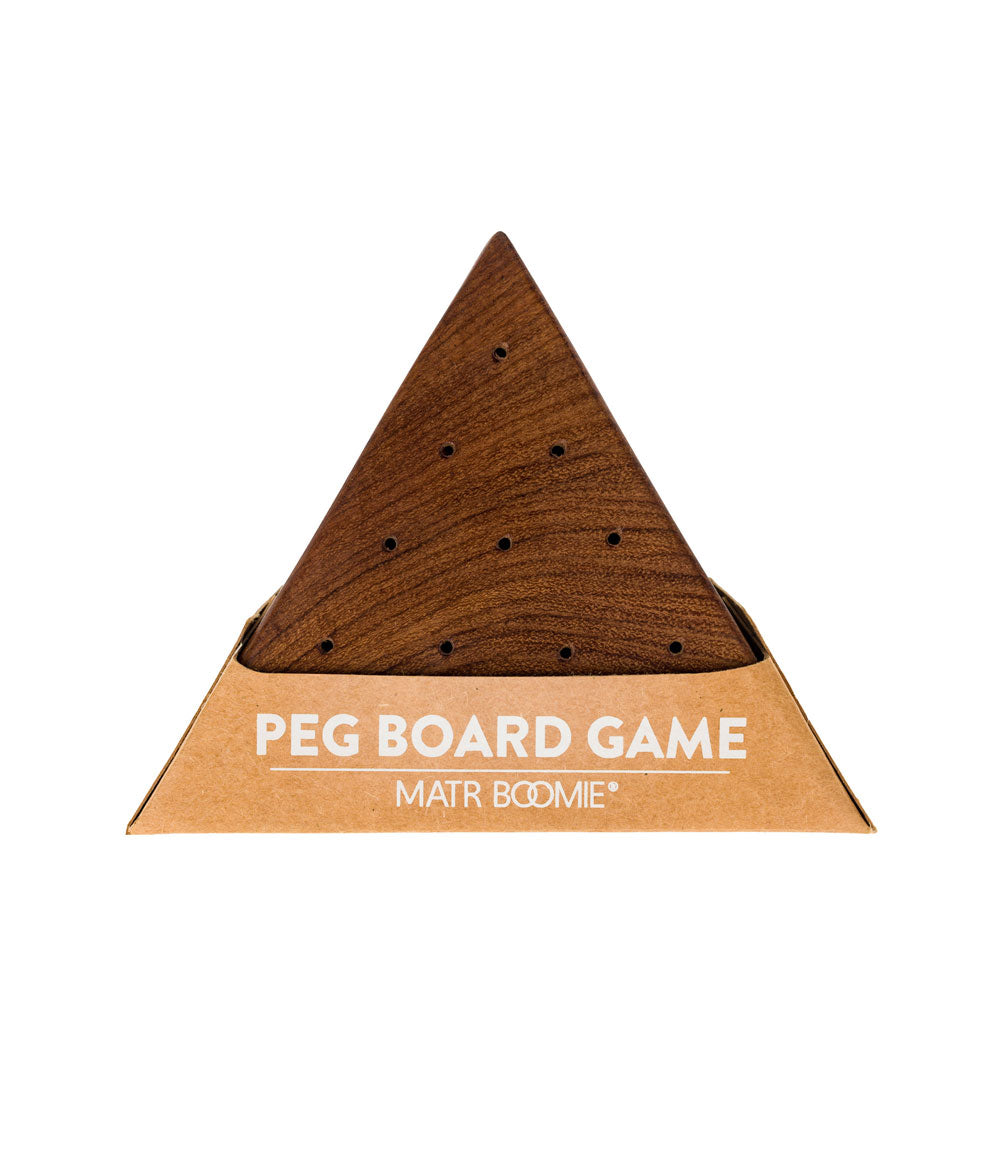 Triangular wooden peg board game with printed "PEG BOARD GAME" on the board