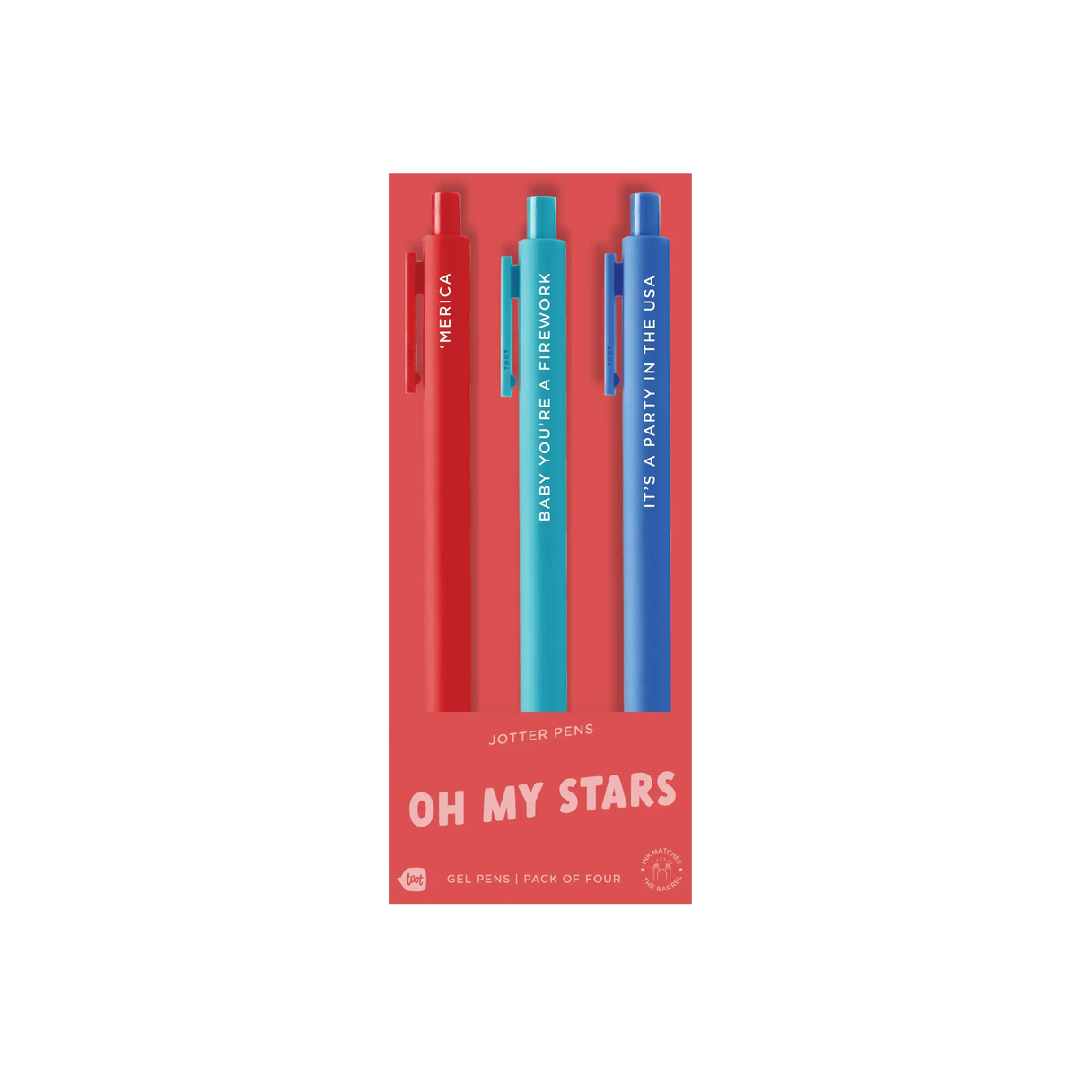 Oh My Stars four-pack of gel pens in red, teal, and blue