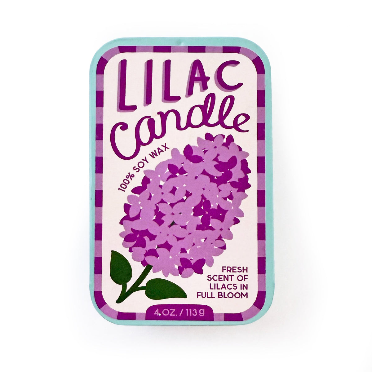 Lilac soy candle tin front label with purple floral pattern on mint container.