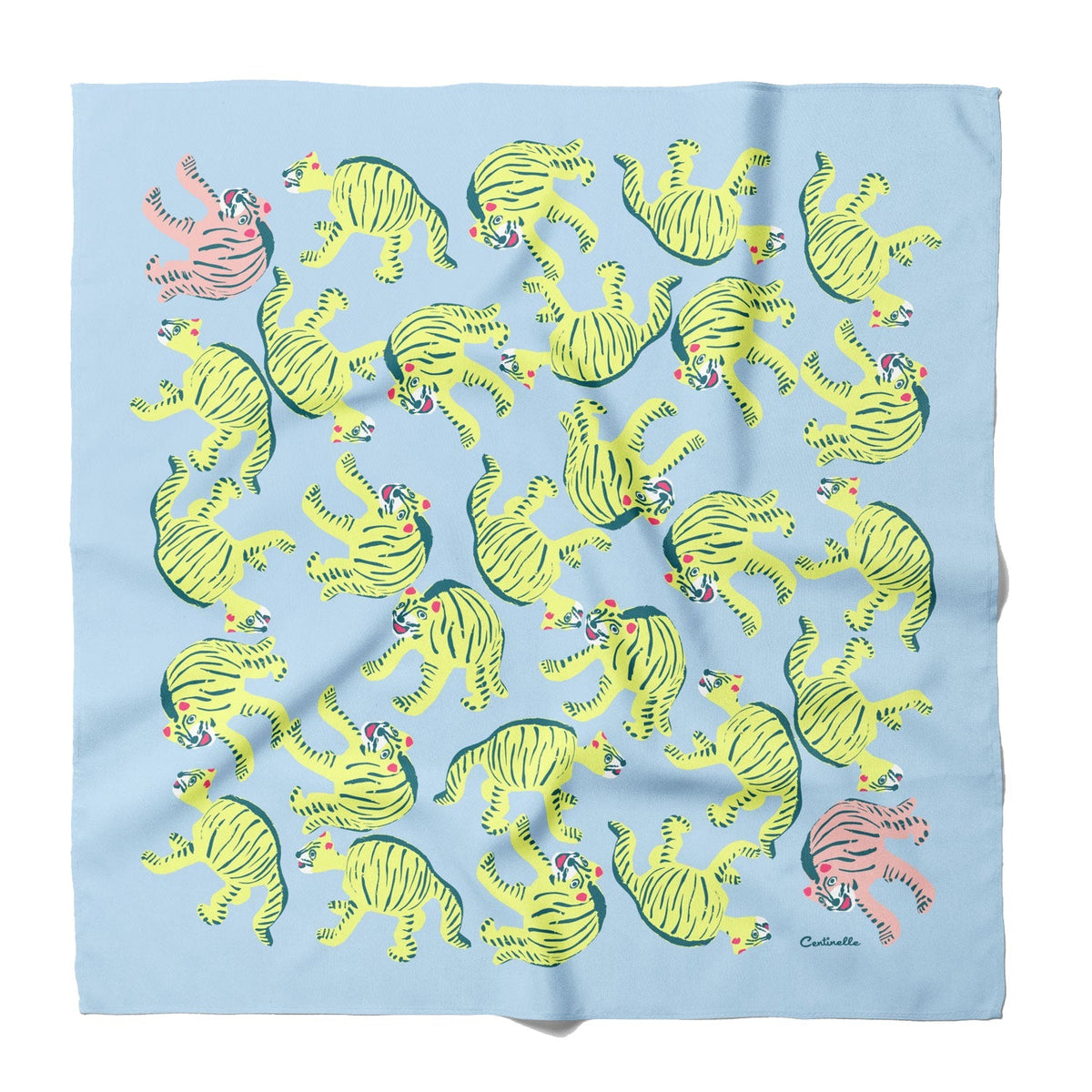 Light blue bandana with yellow tiger print and colorful faces.