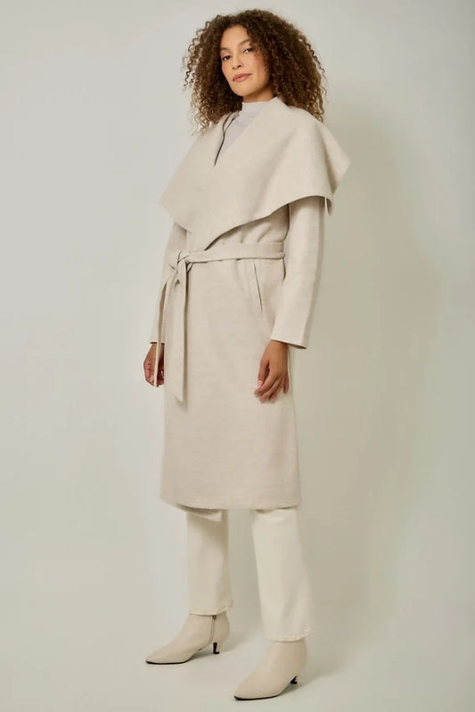 Light beige long shawl-collar coat with draped lapels and waist tie belt
