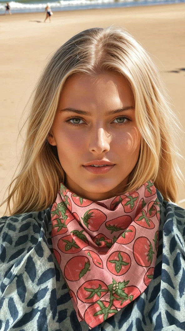 Tomato pink bandana scarf with strawberry print on model’s neck
