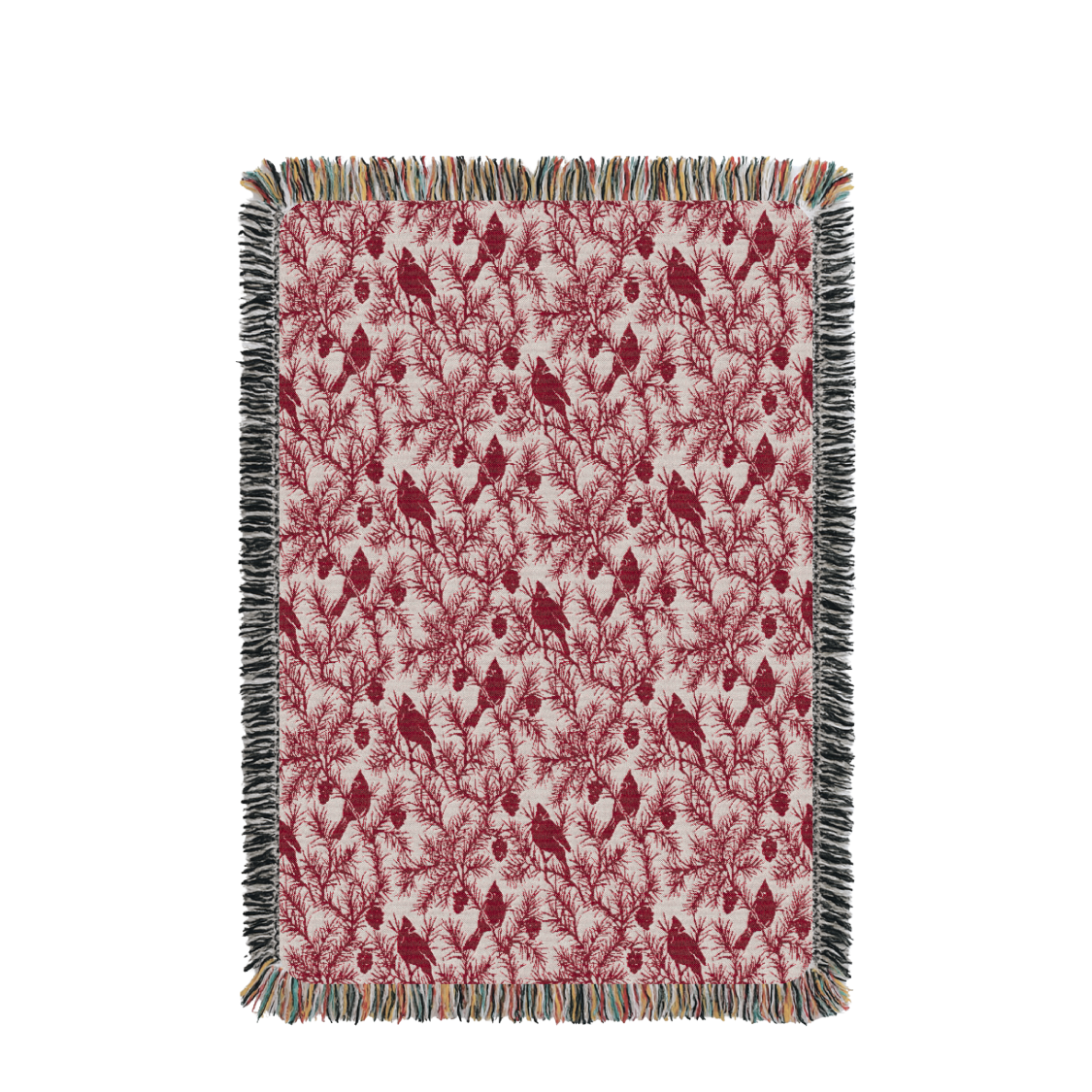 Red and cream jacquard throw with multicolor fringe border on the back
