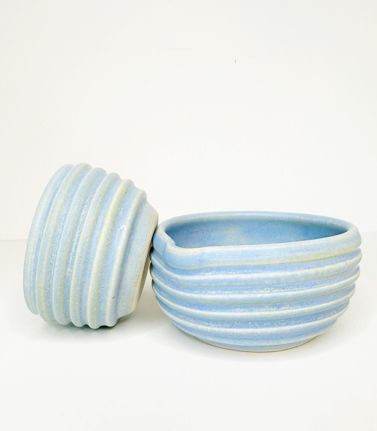 Blue matcha bowl set with open large bowl and stacked mini bowl