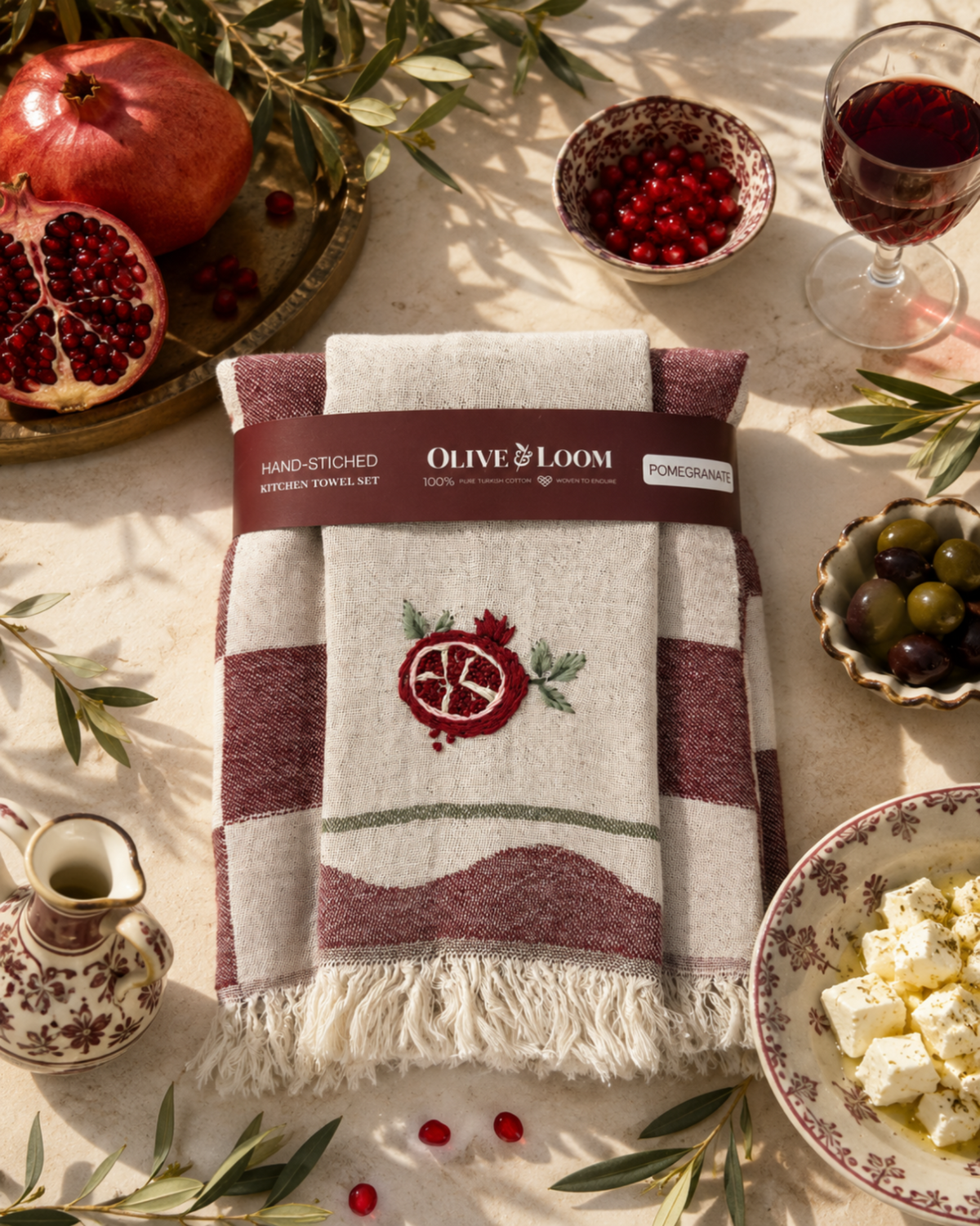 Hand-stitched towel set with beige center panel, maroon stripes, and fringed border